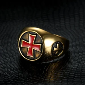 18k Gold Red Enamel Cross Ring
