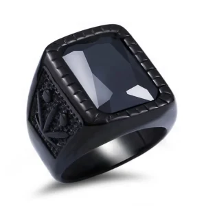 Engraved Black Stone Stainless Steel Signet Ring